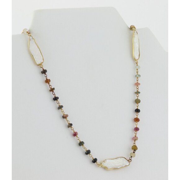 Gold Over Sterling Silver Natural Tourmaline and Keshi Pearl Necklace 24" - Picture 5 of 8